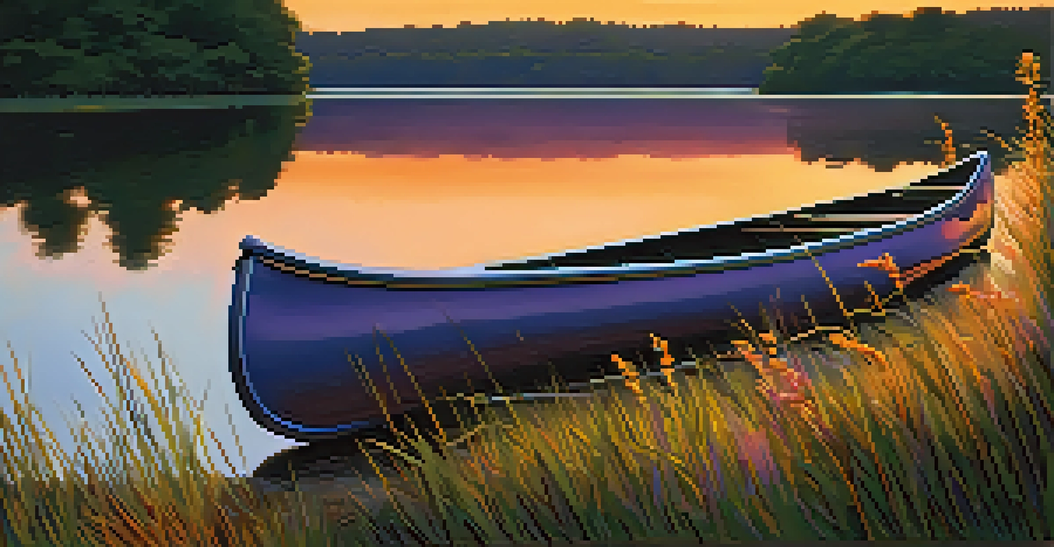 A canoe on the shore of Radnor Lake during sunset, surrounded by tall grasses and wildflowers.