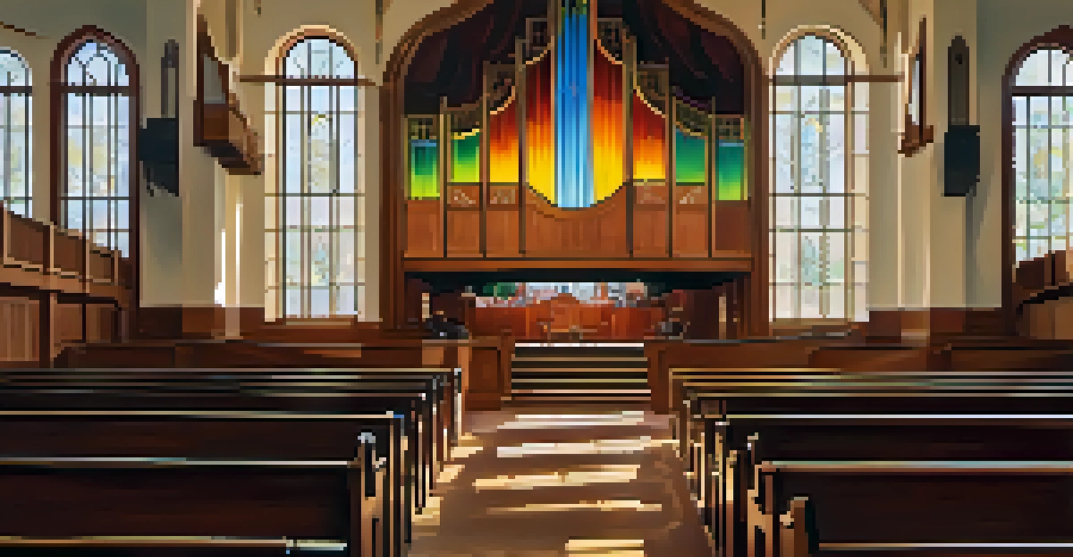 An interior view of the Ryman Auditorium, featuring wooden pews, stained-glass windows, and warm lighting, setting the stage for a musical performance.