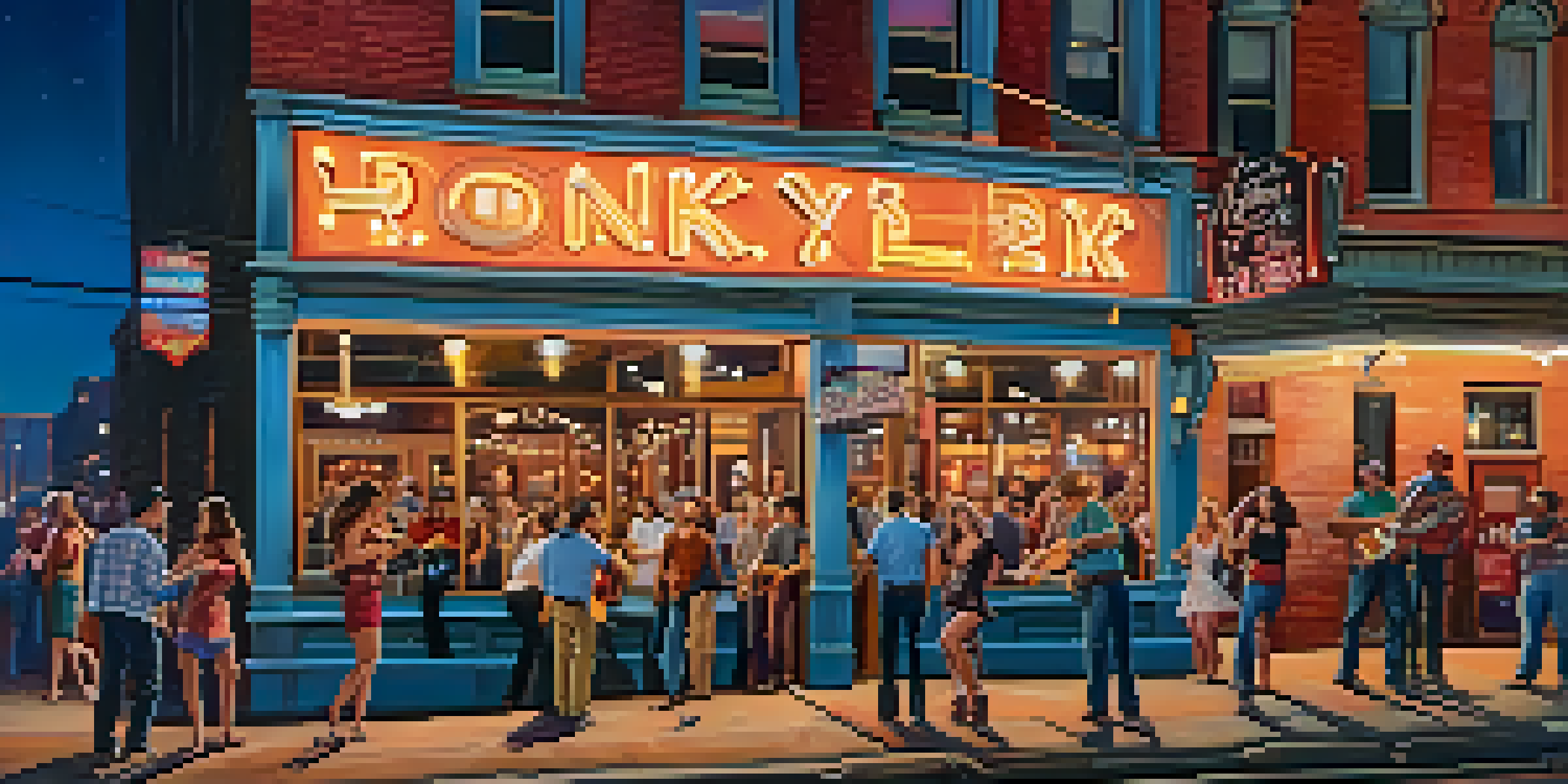 A lively street scene in Nashville with musicians performing and a crowd dancing outside a honky-tonk bar.