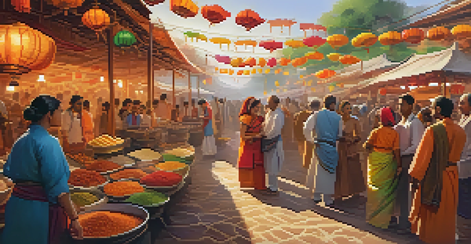 A lively cultural festival with colorful stalls and diverse people sharing food and traditions under festive decorations.