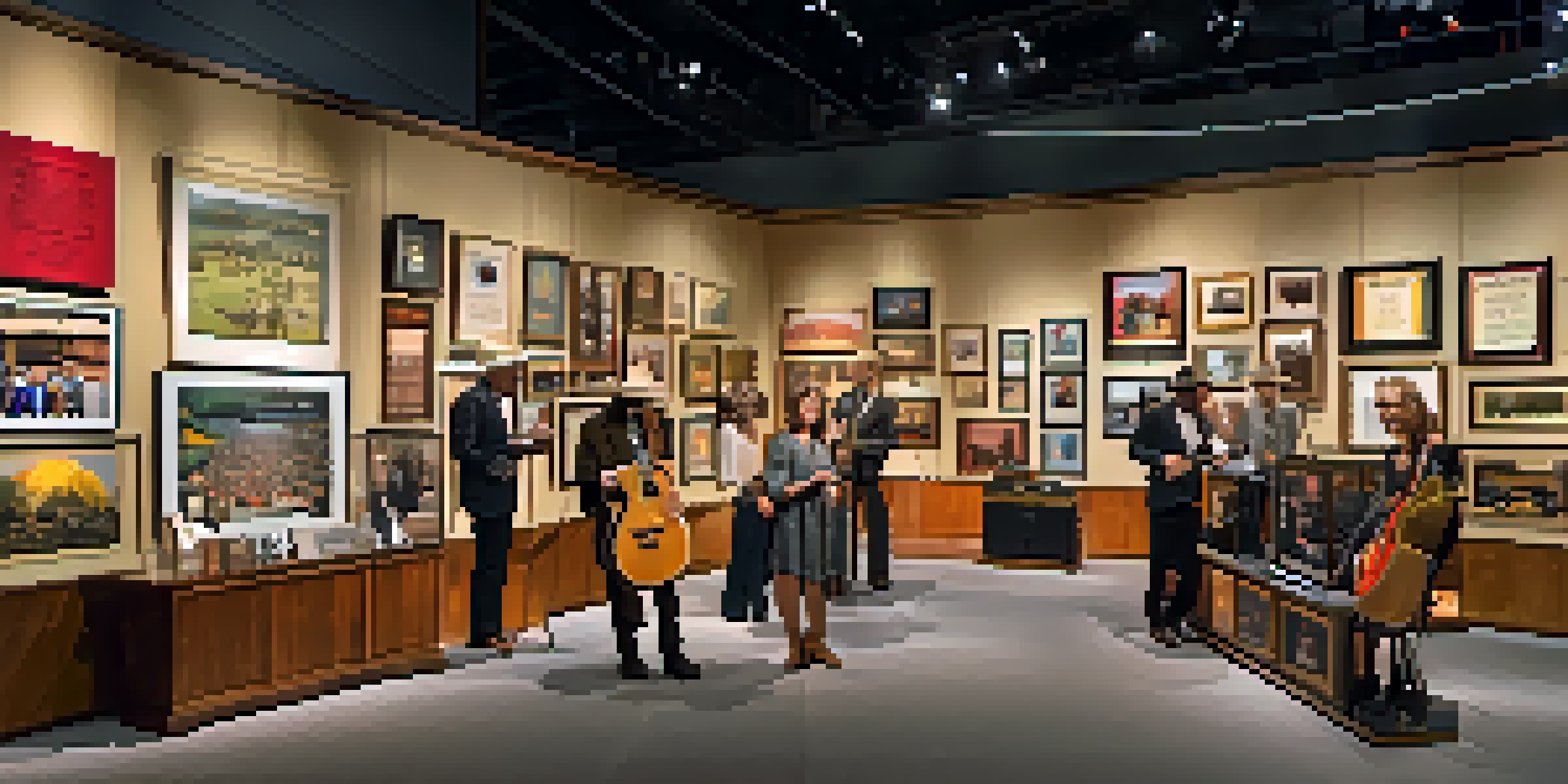 An interior view of the Country Music Hall of Fame filled with colorful exhibits, showcasing memorabilia from famous country artists, with visitors interacting with the displays.