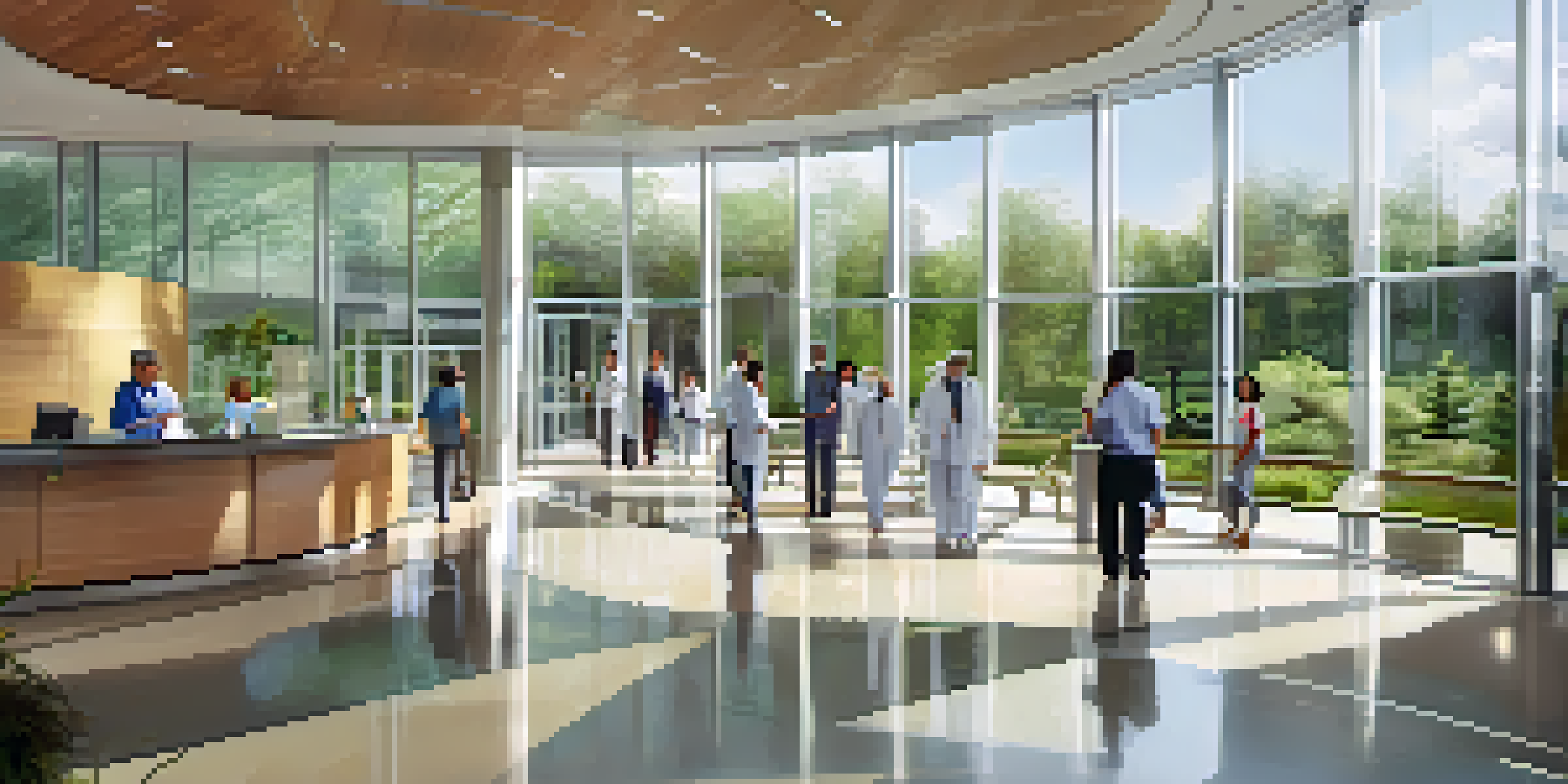 A modern medical facility with glass windows, showing healthcare professionals and patients in a busy yet welcoming environment.