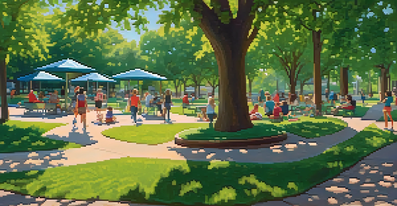 A vibrant park in Brentwood, Nashville with families enjoying picnics, colorful flowers, and kids playing on the playground under sunlight.