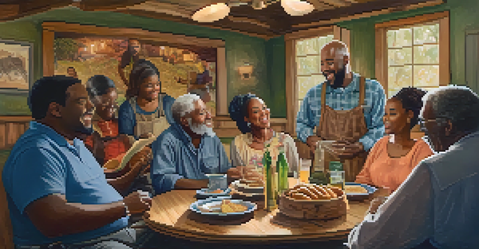 A cozy room filled with people gathered around an elder storyteller, sharing tales while enjoying traditional Southern food.