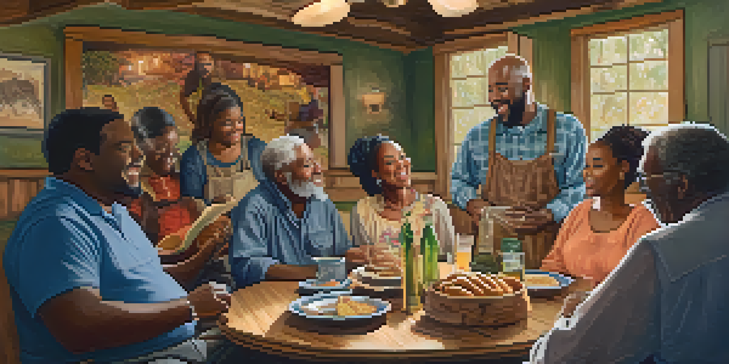 A cozy room filled with people gathered around an elder storyteller, sharing tales while enjoying traditional Southern food.