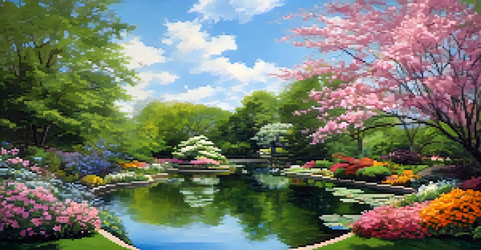 A peaceful scene in the Nashville Botanical Garden, showcasing blooming flowers, lush greenery, and families enjoying the natural beauty.