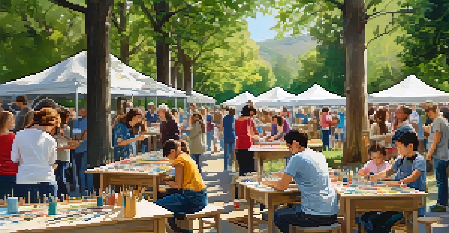 Attendees in a craft workshop at an art festival, creating art under trees with natural light, surrounded by art supplies and finished projects.