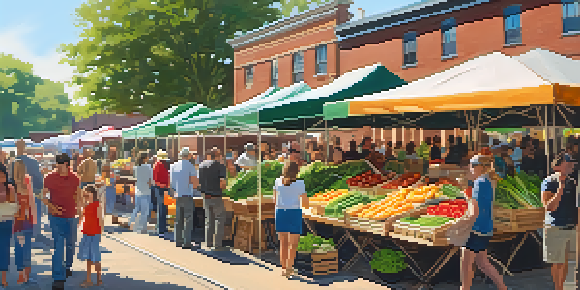 A lively farmers' market in Nashville with colorful stalls of fresh produce and happy vendors.