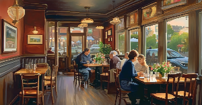 An inviting bistro interior featuring mismatched furniture, warm lighting, and local artwork, with diners enjoying their meals.