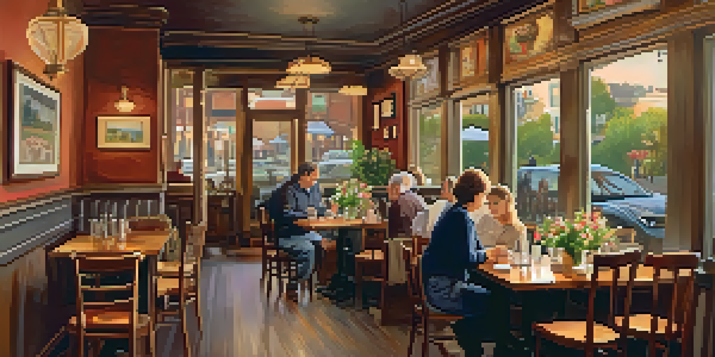 An inviting bistro interior featuring mismatched furniture, warm lighting, and local artwork, with diners enjoying their meals.