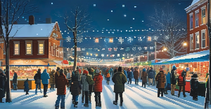 A lively winter festival in the city with festive lights, people enjoying hot cocoa, and snow falling.