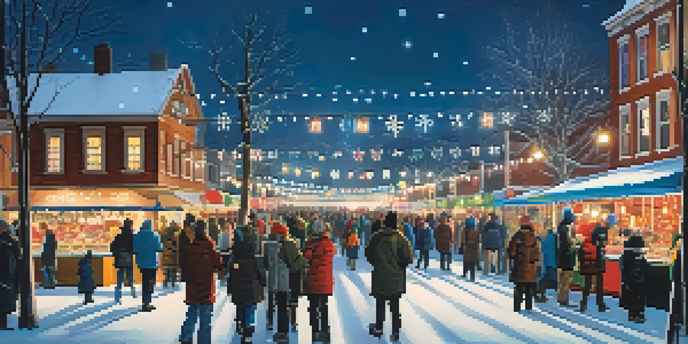 A lively winter festival in the city with festive lights, people enjoying hot cocoa, and snow falling.