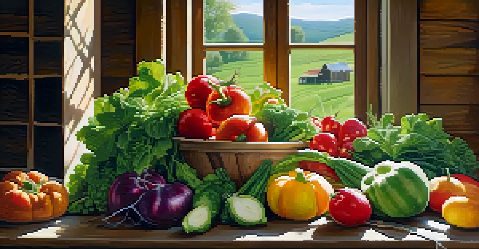 A rustic table filled with fresh vegetables and fruits in a sunlit farm setting, highlighting the farm-to-table concept.