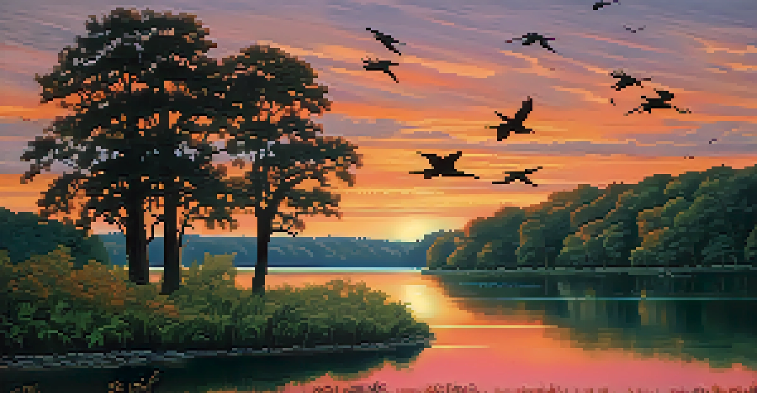 A stunning sunset at Radnor Lake, with calm waters, trees, silhouettes of birds, and grazing deer under a vibrant sky.