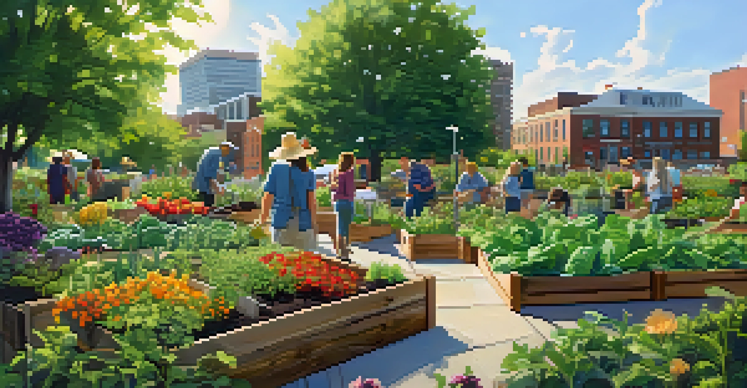 A community garden in Nashville with residents growing vegetables and flowers in a vibrant urban setting.