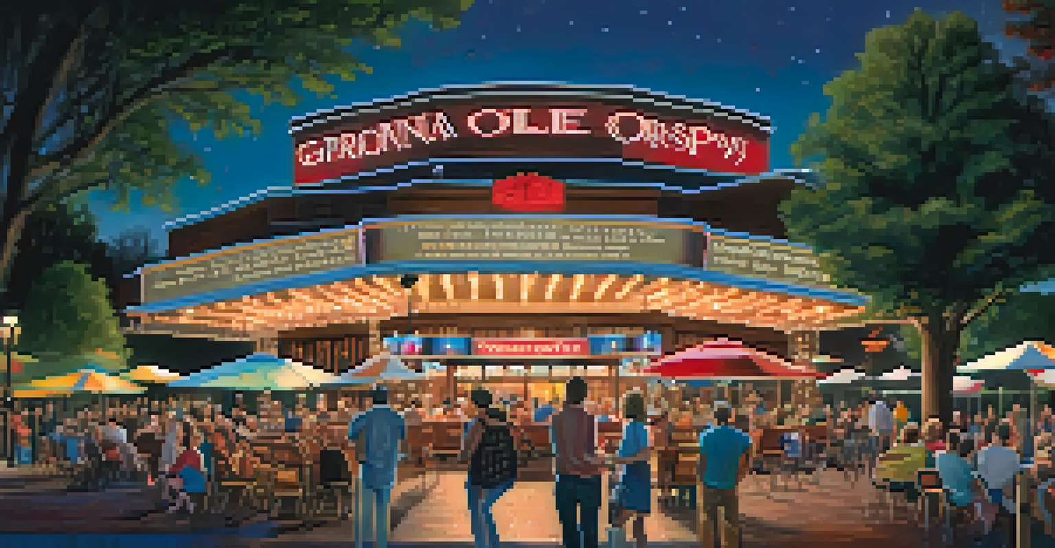 The Grand Ole Opry beautifully illuminated at night, with fans arriving for a concert and colorful lights adorning the iconic venue.