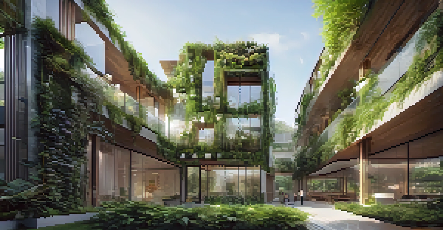 An eco-friendly building with vertical gardens and solar panels, surrounded by greenery and sunlight.
