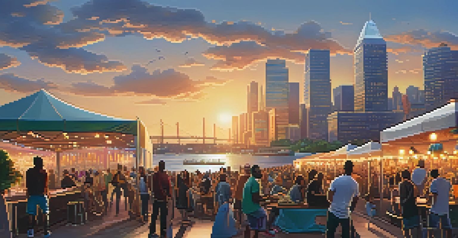 An urban music festival at a waterfront with musicians performing and a city skyline in the background.