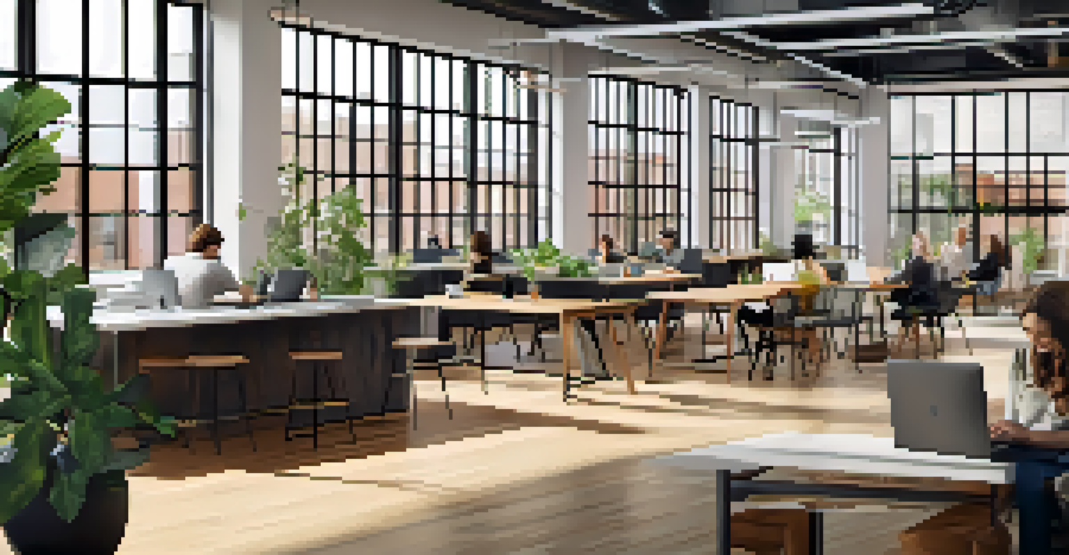 A bright and modern co-working space in Nashville with open layouts, large windows, and people collaborating and working together.