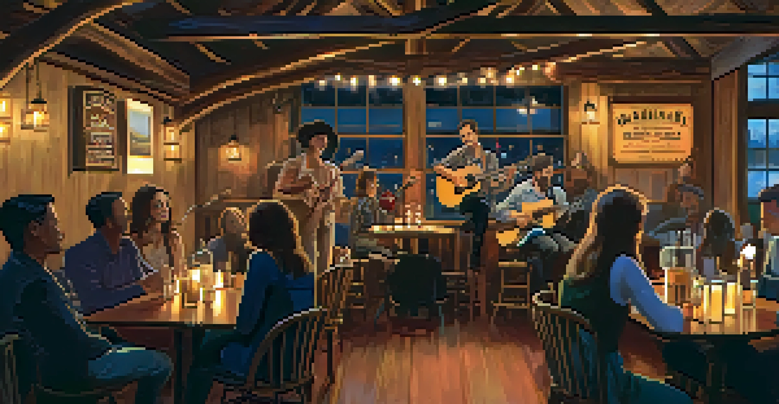 A singer-songwriter performing at the Americana Music Festival in a cozy bar, with warm lighting and an engaged audience.