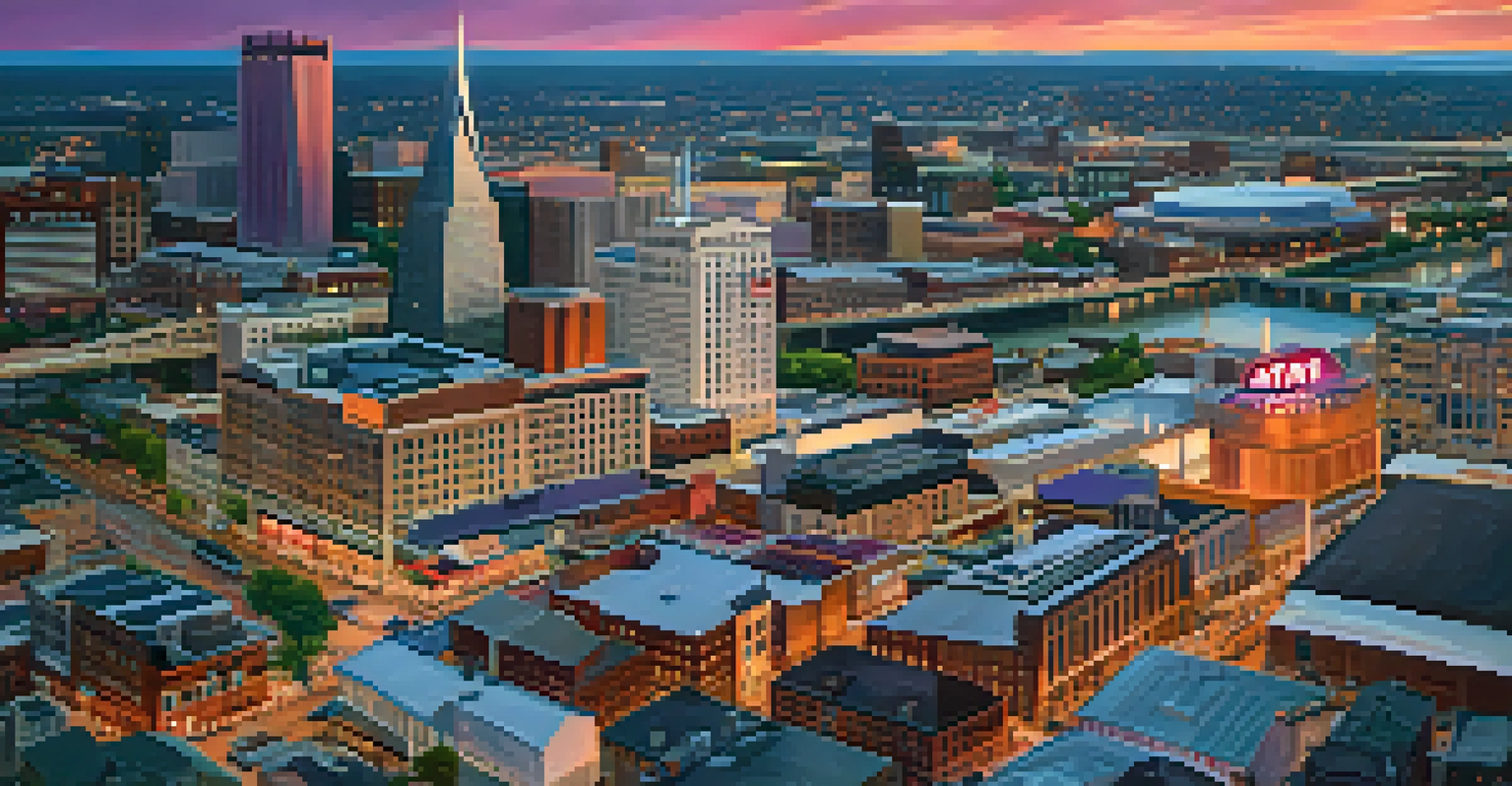 A stunning aerial view of Nashville's skyline at sunset, showcasing its iconic buildings and vibrant streets.