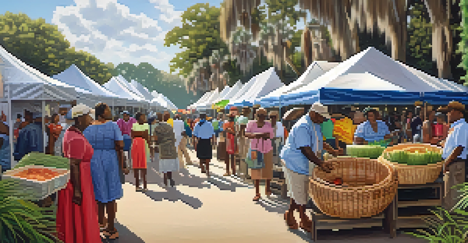 Artisans weaving sweetgrass baskets at the Gullah Festival, with local food and greenery in the background.