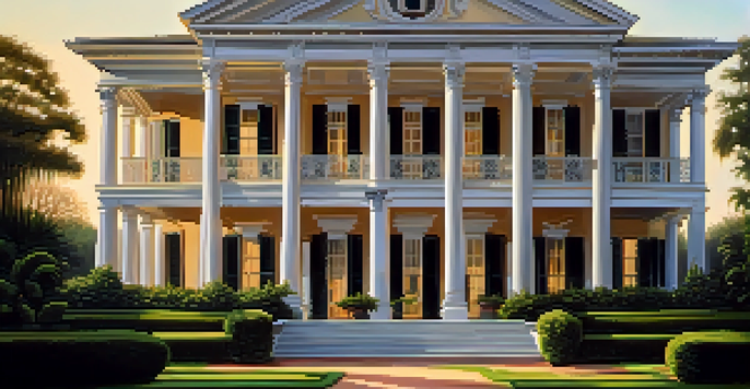 A grand antebellum mansion with white columns and wrought-iron balconies, surrounded by lush greenery at sunset.