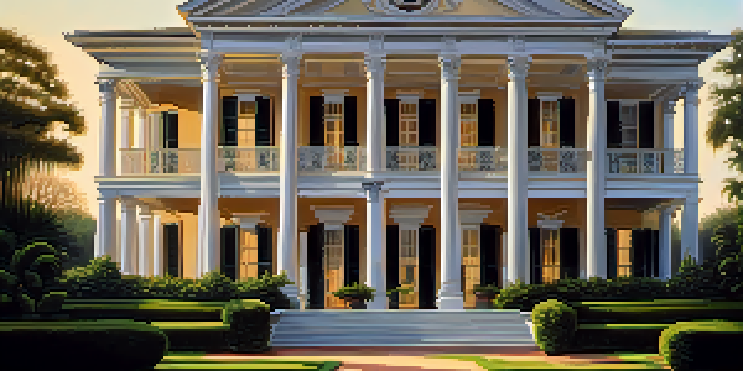 A grand antebellum mansion with white columns and wrought-iron balconies, surrounded by lush greenery at sunset.