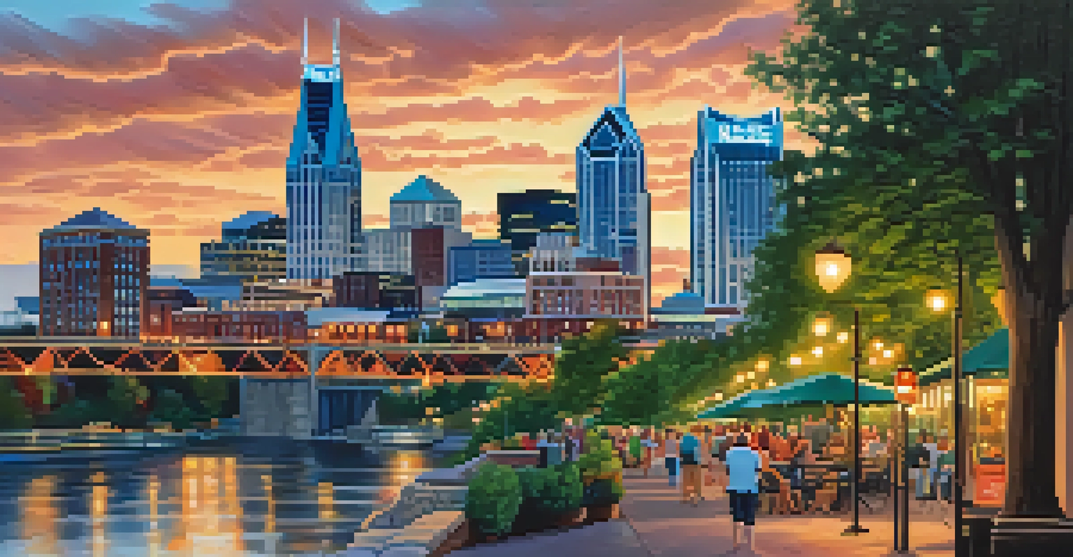 Nashville skyline at dusk, with city lights reflecting in the river and people enjoying the parks.