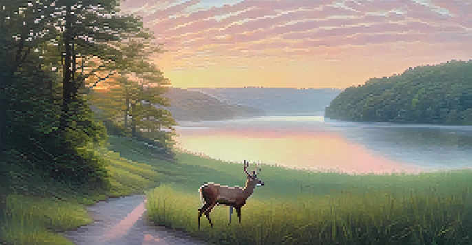 A tranquil scene of Radnor Lake at sunrise, featuring a misty lake and a winding trail surrounded by greenery and deer.