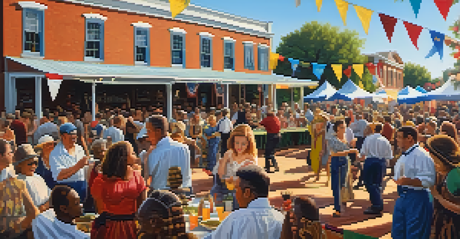 A lively Southern festival with musicians on stage, colorful decorations, and attendees enjoying food and dancing.