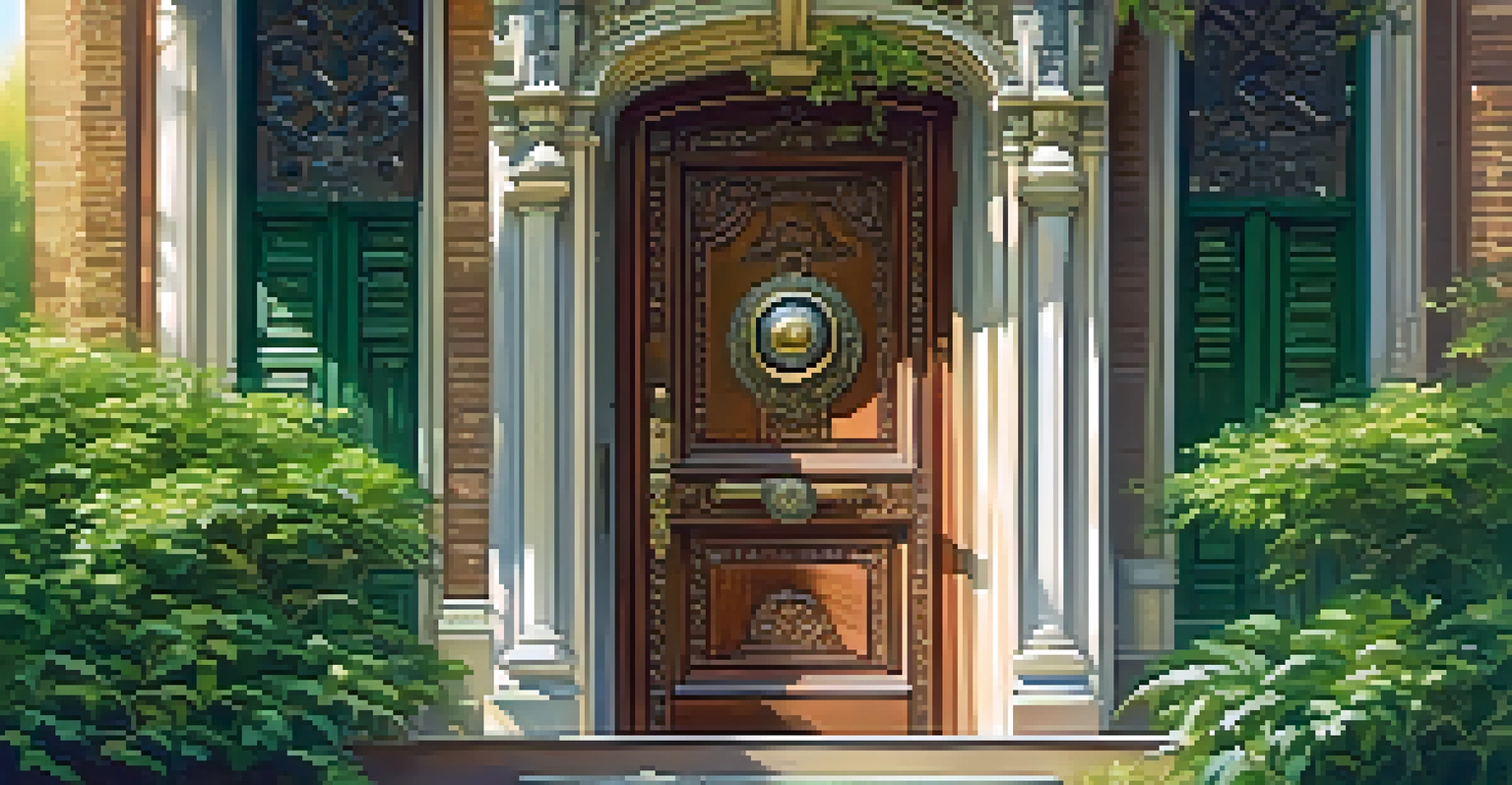 An ornate Victorian door with a decorative doorknob, bathed in sunlight and surrounded by greenery.