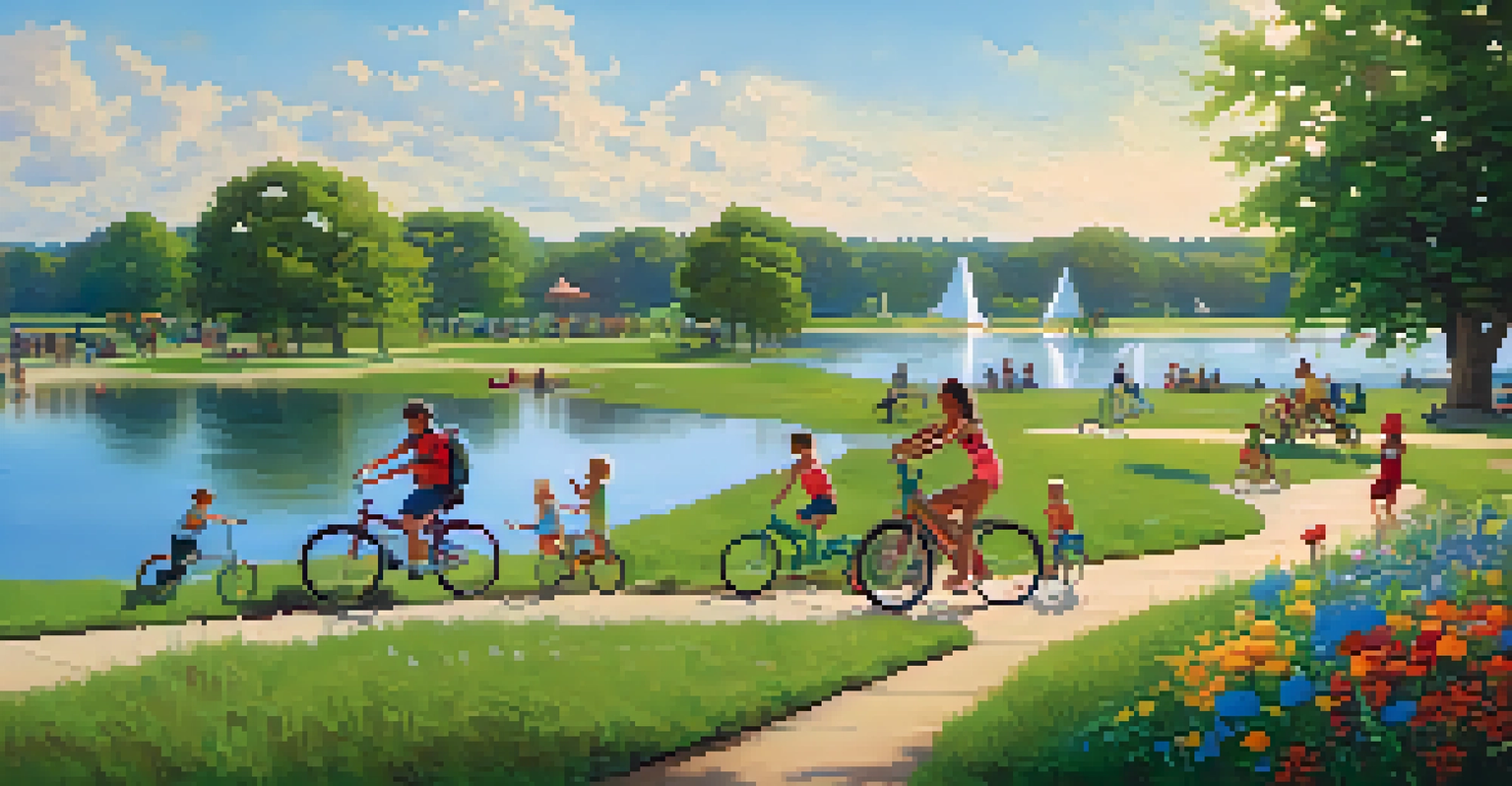 A lively day at Shelby Farms Park, with families playing, biking, and paddleboarding under bright blue skies.