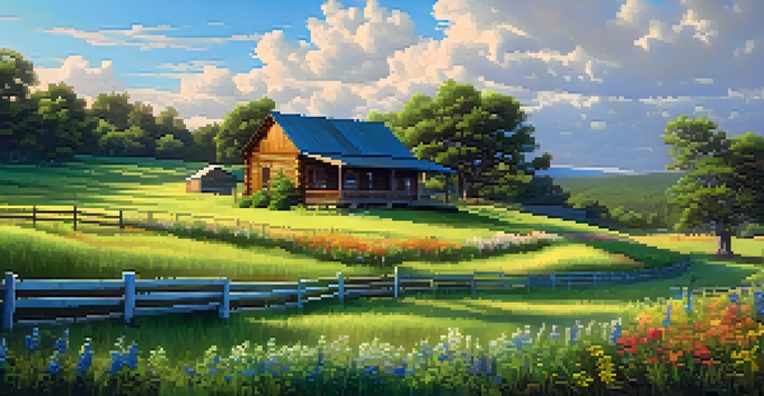 A picturesque Southern landscape with rolling hills, wildflowers, a rustic cabin, and a bright blue sky.