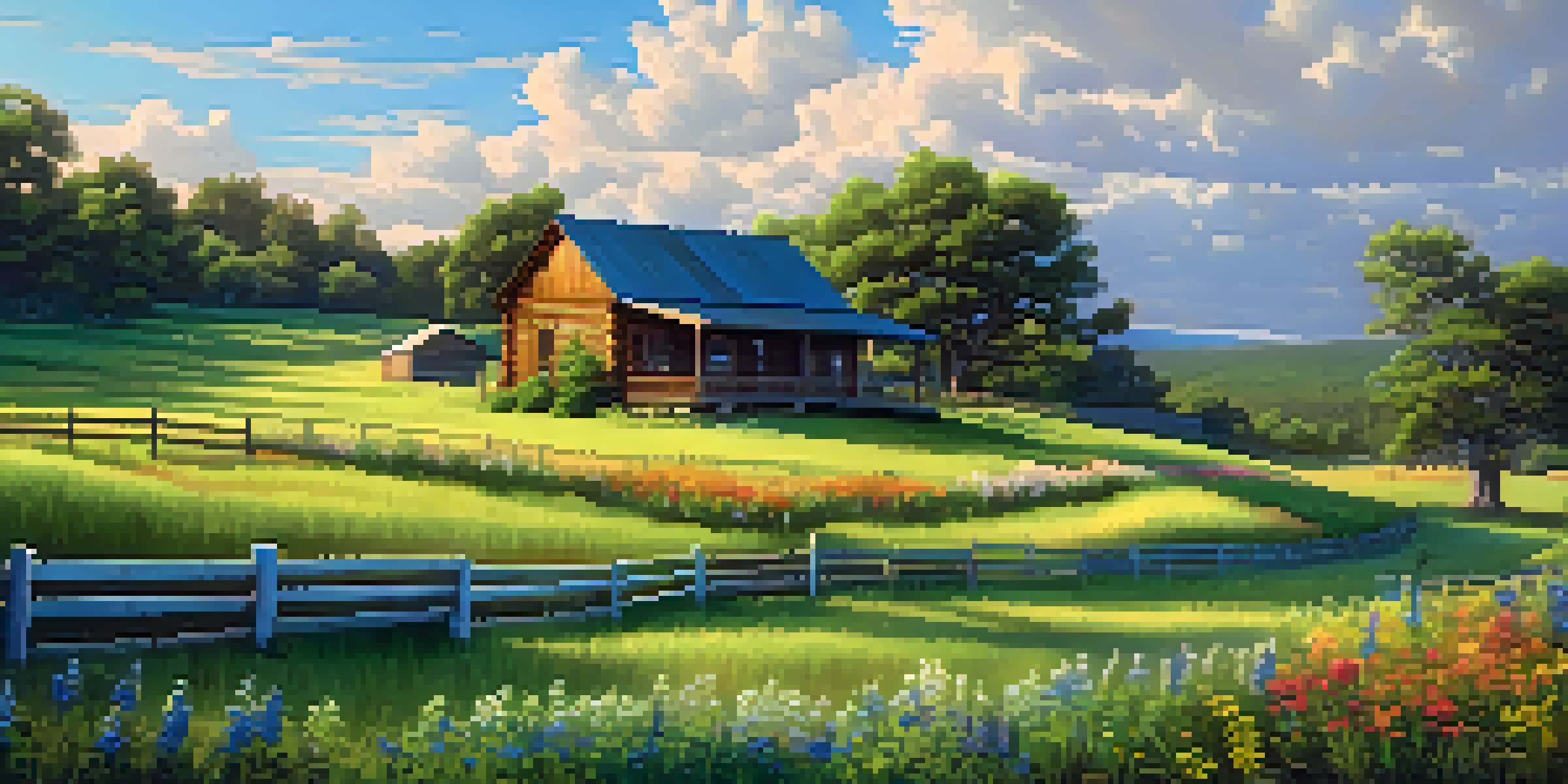 A picturesque Southern landscape with rolling hills, wildflowers, a rustic cabin, and a bright blue sky.