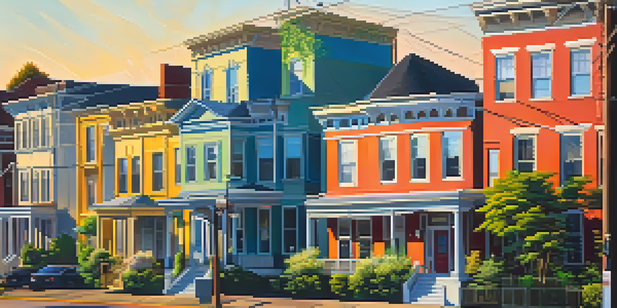 A street view of East Nashville with historic homes painted in bright colors, blooming flowers, and trees under a sunset sky.