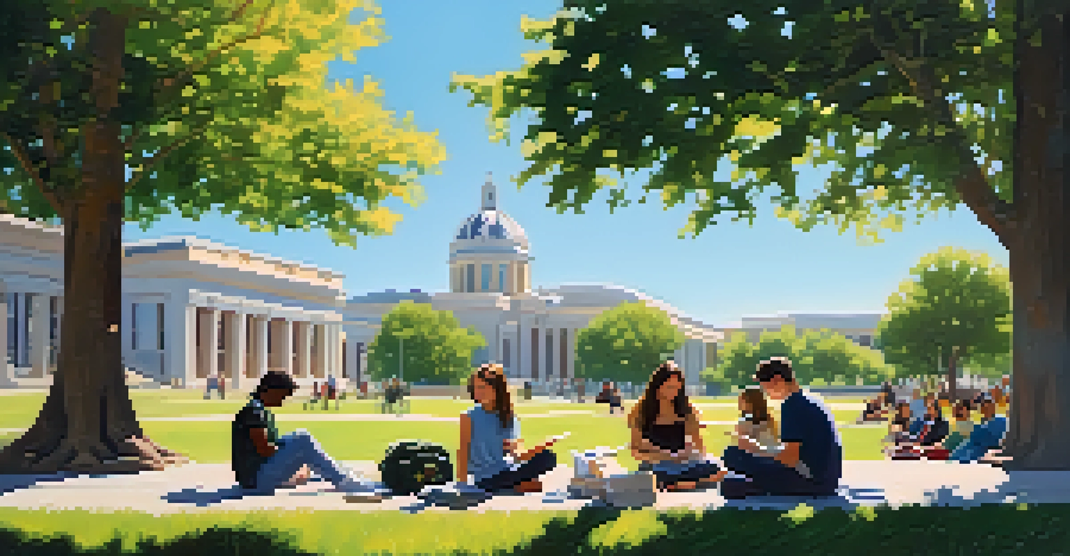 Students sitting on the grass in a campus setting, studying together under trees on a sunny day, surrounded by blooming flowers and a clear blue sky.