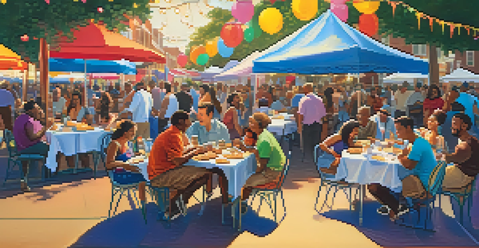 A lively Southern food festival with people enjoying various traditional dishes and colorful decorations.