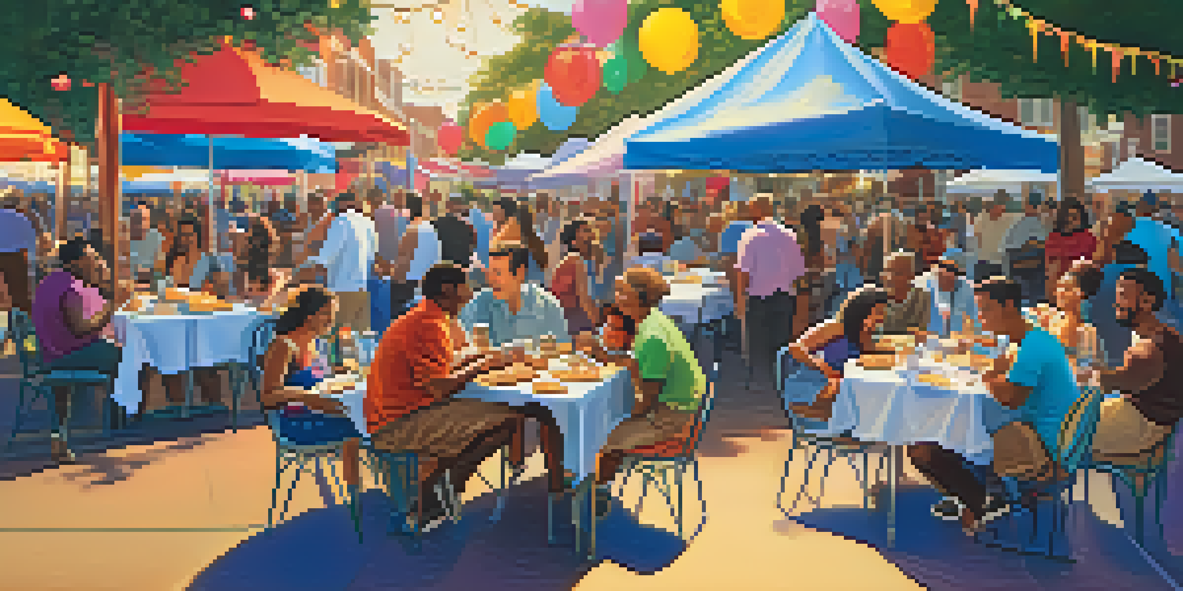A lively Southern food festival with people enjoying various traditional dishes and colorful decorations.