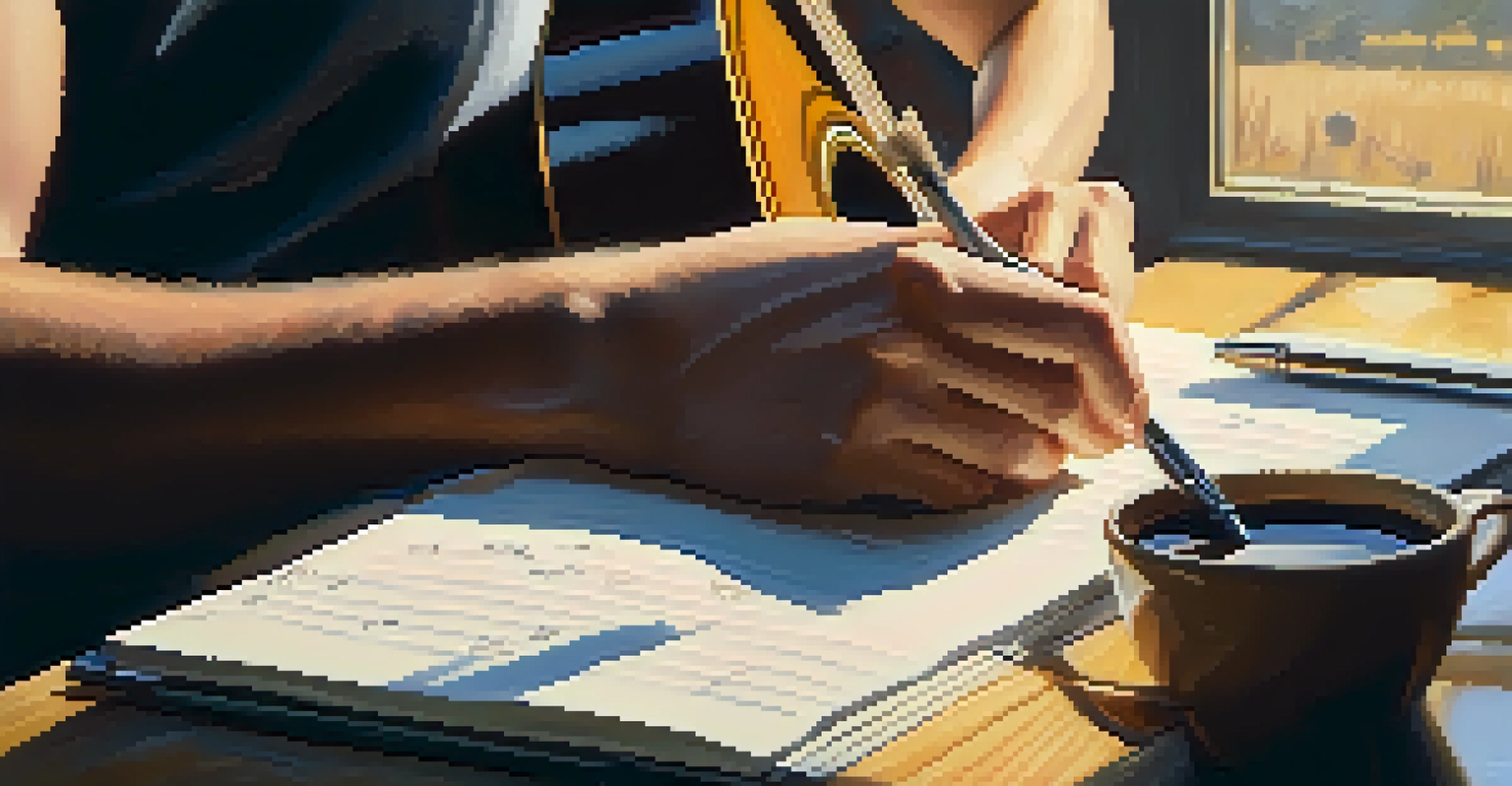 A close-up of a songwriter's hands writing lyrics on a notepad with a guitar and coffee cup in the background, highlighting the songwriting process.