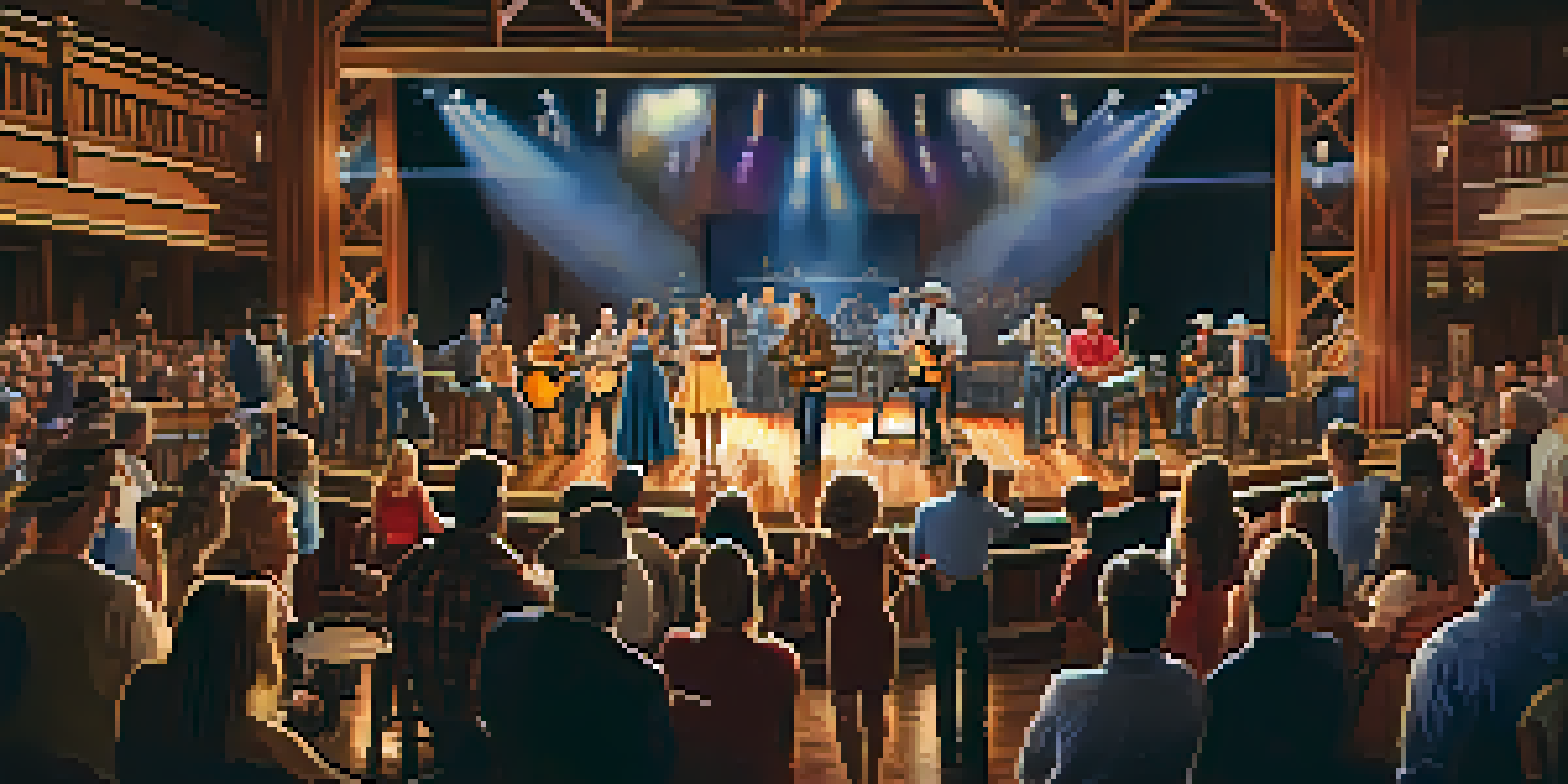A lively concert scene at the Grand Ole Opry, showcasing artists on stage with a diverse audience enjoying the performance.
