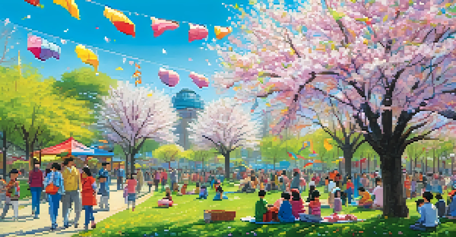 A lively spring festival in a park with cherry blossoms, picnicking families, and colorful decorations.