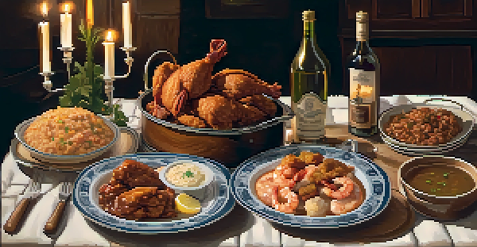 A Southern dinner table with fried chicken, gumbo, shrimp and grits, and a bottle of Chardonnay, surrounded by rustic decor and candlelight.