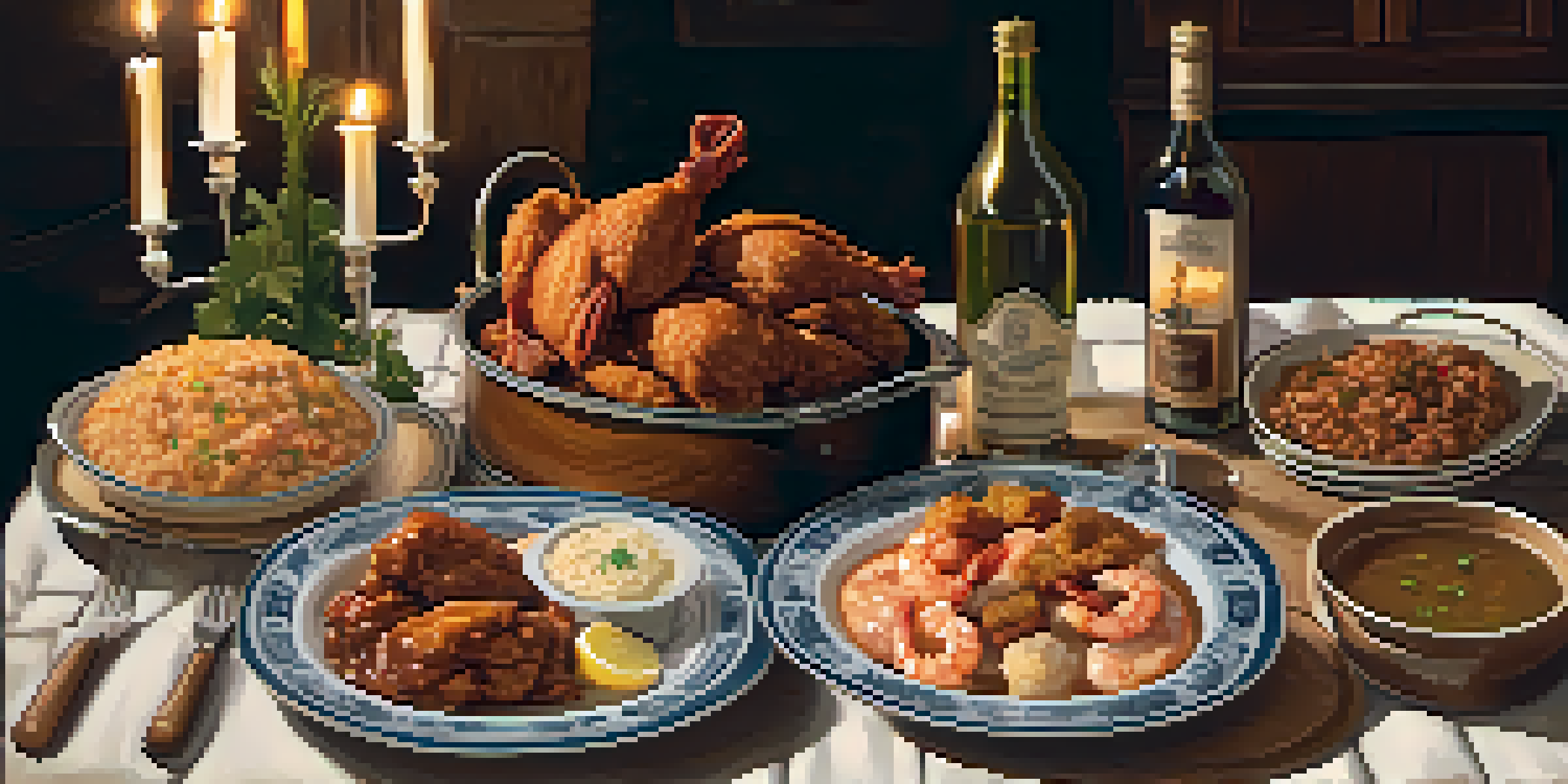 A Southern dinner table with fried chicken, gumbo, shrimp and grits, and a bottle of Chardonnay, surrounded by rustic decor and candlelight.