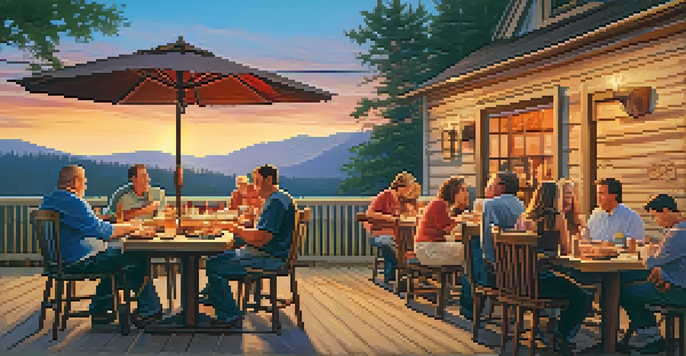 An outdoor barbecue scene with diners enjoying ribs and brisket on a rustic wooden patio during sunset.