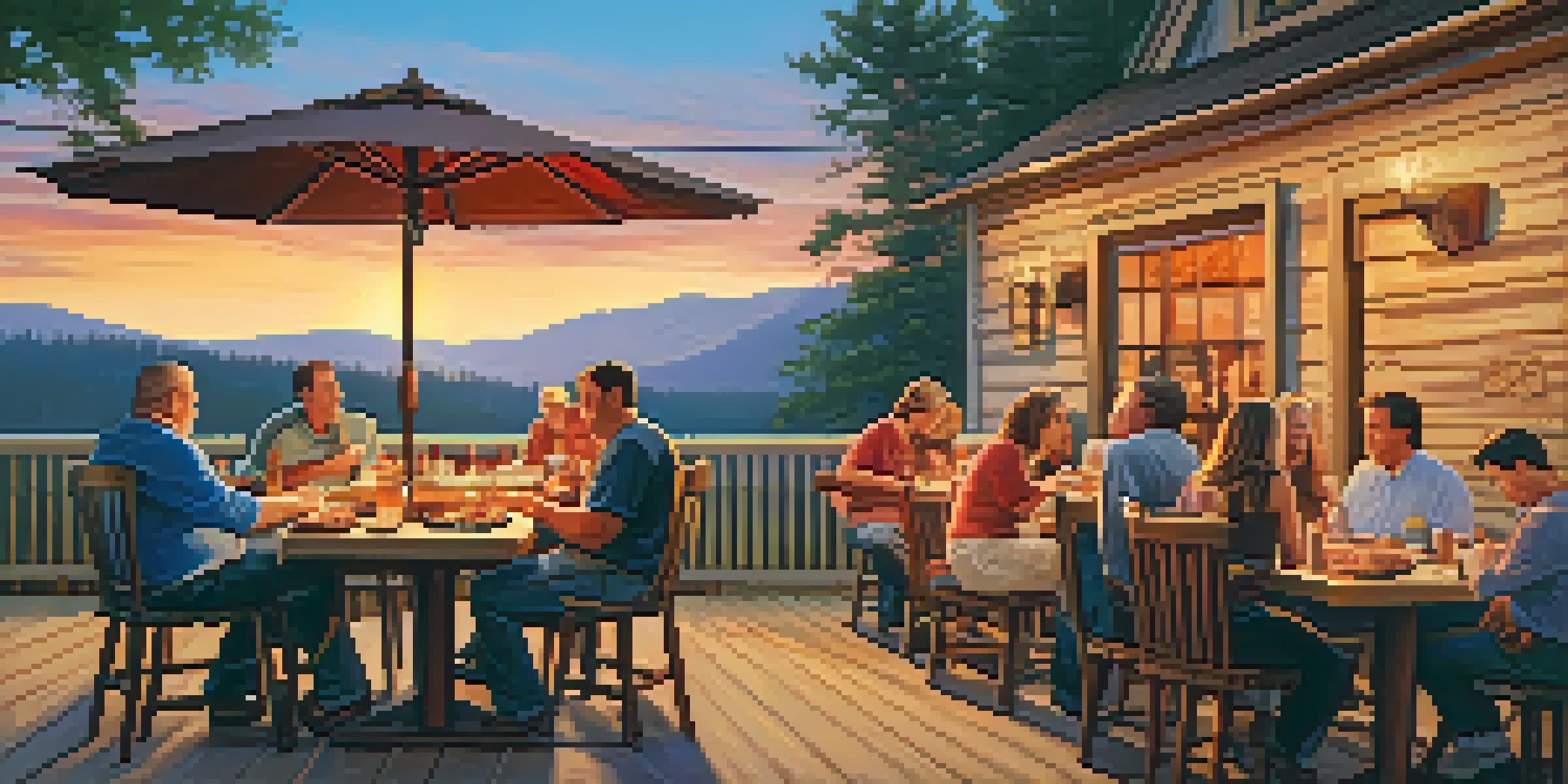 An outdoor barbecue scene with diners enjoying ribs and brisket on a rustic wooden patio during sunset.