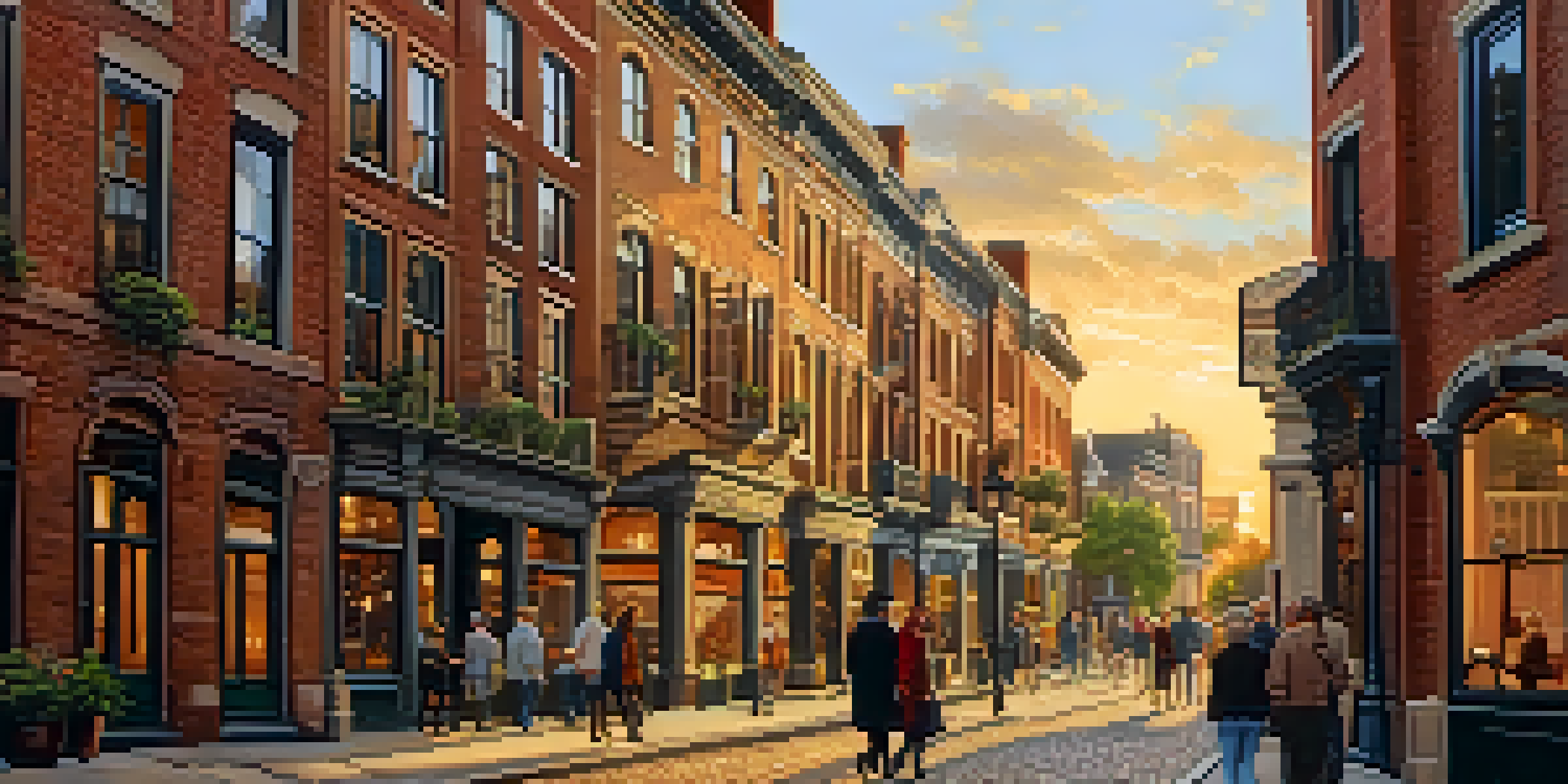 A warm sunset illuminating a historic district with cobblestone streets, where people are walking and engaging with a guide.