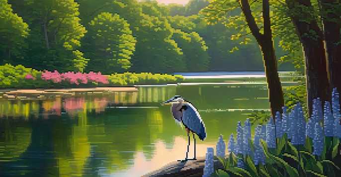 A scenic view of Radnor Lake with a great blue heron by the water, surrounded by trees and spring flowers during sunset.