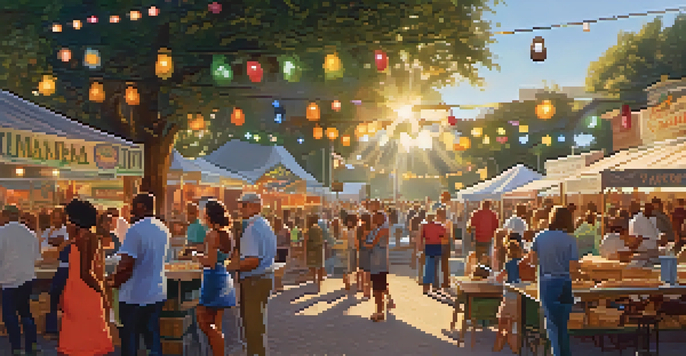 A lively Southern food festival with food stalls, people enjoying dishes, and colorful decorations under a sunny sky.