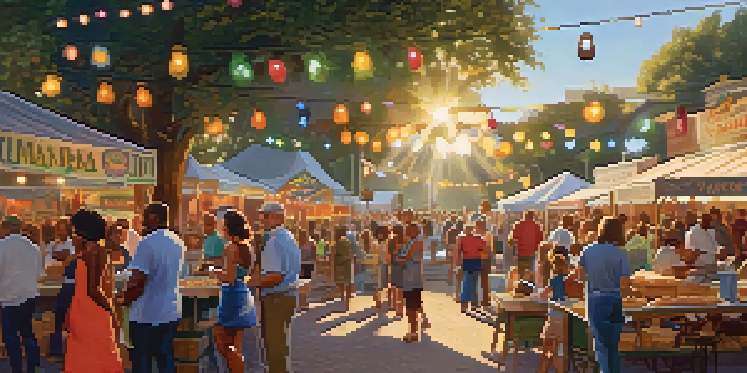 A lively Southern food festival with food stalls, people enjoying dishes, and colorful decorations under a sunny sky.